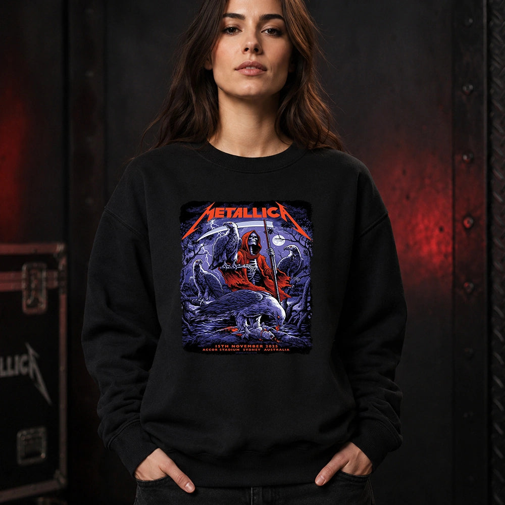 Metallica M72 World Tour November 15 2025 Accor Stadium Sydney Australia T-shirt by Blair Sayer featuring a hooded skeletal reaper, birds of prey, full moon, lightning, twisted trees and Sydney event text.